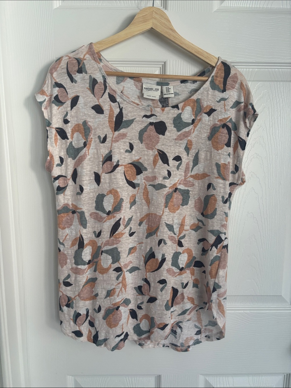 Rachel Zoe Linen Blush Abstract Floral Short Sleeve Tee Rust Peach Size M